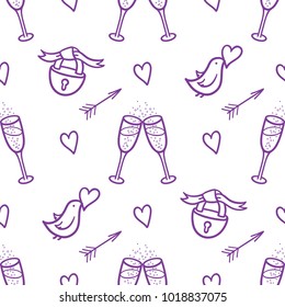 Valentine`s day seamless pattern with outline symbols: locks, ribbons, hearts, arrows, pigeons, glasses. Use for packaging, printing, greeting cards, events. Paper for scrapbook.