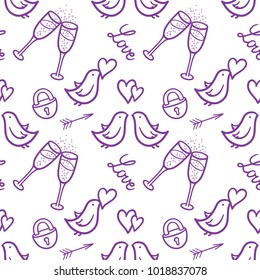 Valentine`s day seamless pattern with outline symbols: locks, hearts, arrows, pigeons, glasses. Use for packaging, printing, greeting cards, events. Paper for scrapbook.