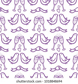 Valentine`s day seamless pattern with outline symbols: ribbons, hearts, flying pigeons, glasses. Use for packaging, printing, greeting cards, events. Paper for scrapbook.