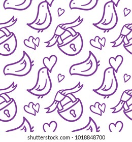 Valentine`s day seamless pattern with outline symbols: hearts, locks, ribbons, flying pigeons. Use for packaging, printing, greeting cards, events. Paper for scrapbook.