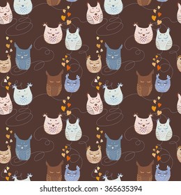 Valentines day seamless pattern with owls in love, hearts, thread, abstraction. Sleeping night owls.