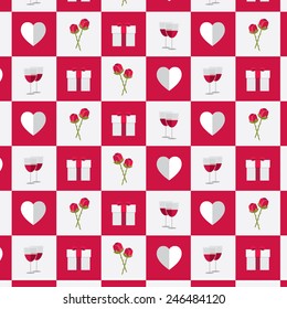 Valentine`s day seamless pattern with paper heart symbol, gift, roses and wine glasses - february 14th- flat design style
