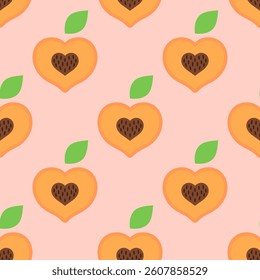 Valentines Day seamless pattern with peaches on a pastel pink background. Heart shaped peach halves background. Cute vector pattern for a wrapping paper, textiles, wallpaper