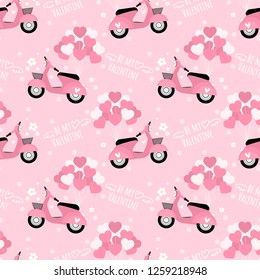 Valentine's Day seamless pattern of pink scooter with a group of heart shape balloons, cute tiny flower and BE MY VALENTINE text on light pink background. Vector illustration.