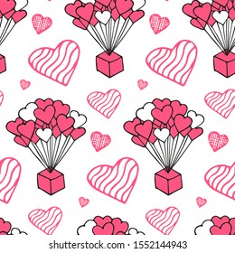 Valentine's day seamless pattern with pink elements in doodle style. Gift on a bunch of balloons hearts. Hand drawn texture for greeting cards, fabric, wrapping paper design. Vector illustration.