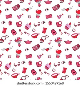 Valentine's day seamless pattern with pink elements in doodle style. Cute hand drawn texture for greeting cards, fabric, wrapping paper. Vector illustration.