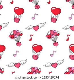 Valentine's day seamless pattern with pink elements in doodle style. Gift on balloons. Aerostat. Heart with wings. Hand drawn texture for greeting cards, fabric, wrapping paper. Vector illustration.