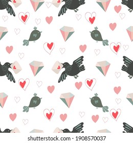 Valentines day seamless pattern with pink and red hearts, candies, cupids, diamonds and birds. Vector illustration.