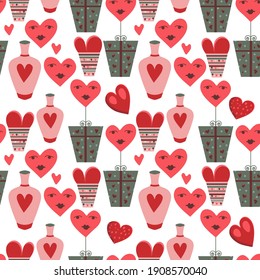 Valentines day seamless pattern with pink and red hearts, candies, cupids, diamonds and birds. Vector illustration.
