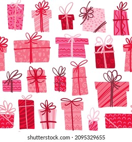 Valentine's Day seamless pattern. Pink gift boxes. Trendy flat hand drawn stylized presents. Vector decorative illustration for wrapping and textile.