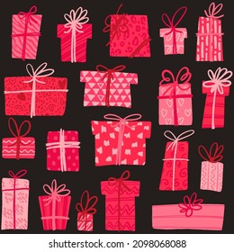 Valentine's Day seamless pattern. Pink gift boxes. Trendy flat hand drawn stylized presents. Vector decorative illustration for wrapping and textile.
