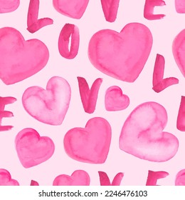 Valentine's day seamless pattern. Pink watercolor hearts and letters. Endless repeat romantic design. 