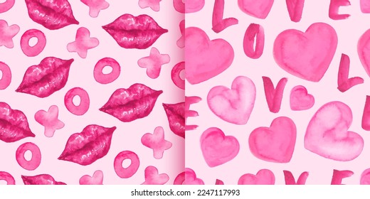 Valentine's day seamless pattern. Pink watercolor lips, hearts. Endless repeat holiday design. 