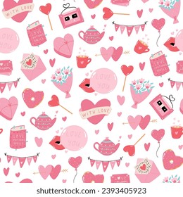 Patrón sin fisuras del día de San Valentín con elementos de dibujos animados rosados, garabatos para impresiones textiles, papel de envoltura de regalo, papel tapiz, fondos, papel estacionario, etc. EPS 10