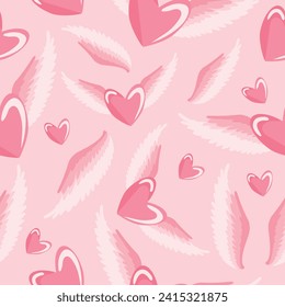 Valentine's Day seamless pattern in pink colors consisting of pink hearts, hearts with wings and just pink wings for holiday cards or decor, vector