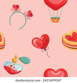 Patrón sin fisuras del día de San Valentín con fondo rosa. Cute textura repetida con objetos en forma de corazón para tarjetas, decoración de cumpleaños y bodas, papel de envoltura, empaque y tela. Ilustración vectorial.