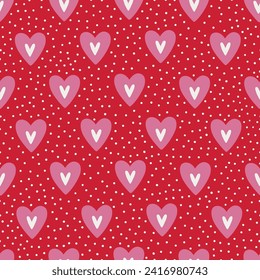 Valentine's Day seamless pattern with pink hearts on red background. Perfect for wallpaper, gift paper, greeting cards. Vector illustration