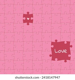 valentine's day seamless pattern with pink Jigsaw puzzle, heart, love text. Mosaic background with missing piece. Cute festive romantic  wallpaper. Soulmate, relationship, couple. vector illustration.