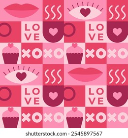 Valentine's day seamless pattern with pink elements and geometric shapes. Template for Valentine holiday design. Vector illustration