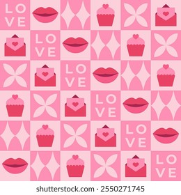 Valentine's day seamless pattern with pink elements and squares. Template for Valentine holiday design. Vector illustration