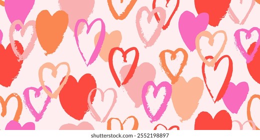 Valentine's day seamless pattern. Pink, red, orange hand drawn hearts. Endless repeat romantic design. Chalk texture.