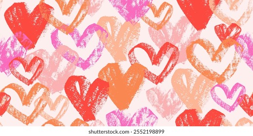 Valentine's day seamless pattern. Pink, red, orange hand drawn hearts. Endless repeat romantic design. Chalk texture.