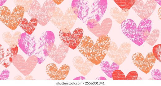 Valentine's day seamless pattern. Pink, red, orange hand drawn hearts. Endless repeat romantic design. Chalk texture.