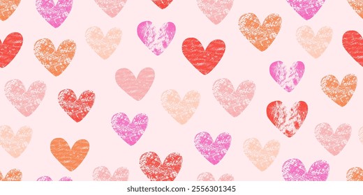 Valentine's day seamless pattern. Pink, red, orange hand drawn hearts. Endless repeat romantic design. Chalk texture.