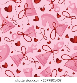 valentines day seamless pattern with pink chess pieces set on a pink background, for various textile and packaging