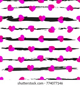 Valentine's day seamless pattern. Pink hearts on drawing lines vector illustration