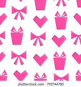 Valentine's day seamless pattern. Pink gift box, heart, bow. Vector illustration.