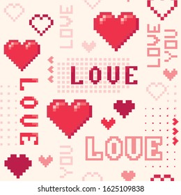 Valentines day seamless pattern in pixel art style. 1980 - 1990's fashion. Abstract background with pixelated hearts, text Love You, geometric shapes. Stylish repeat texture. Design for decor, print