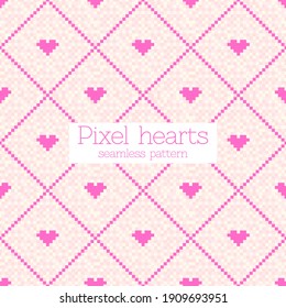 Valentine's day seamless pattern with pixel hearts and pink rhombuses on a mosaic background. Vector illustration