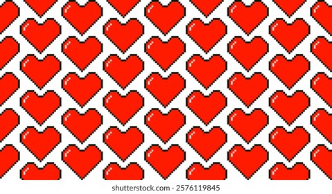 Valentine's Day seamless pattern with Pixel art red heart isolated on transparent background. 8 bit heart