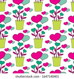 Valentine's day seamless pattern with plants and hearts. Beautiful greeting card with valentines day seamless pattern. Holiday background.Vector illustration