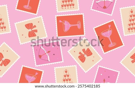 Сute Valentine's day seamless pattern with postage stamps. Hand drawn groovy cartoon sticker elements. 14 February coquette with heart. Funky Saint Valentine design in flat style. Isolated vector illu