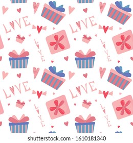 Valentine's Day seamless pattern with presents, hearts and Love text.