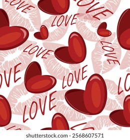 Valentine's day seamless pattern with prints of women's pink lips red hearts and holiday lettering, for different banners or holiday posters