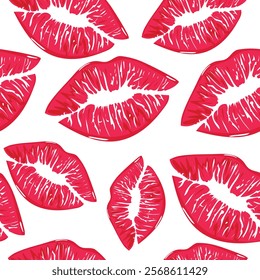 Valentine's day seamless pattern with prints of female pink lips placed randomly, for different banners or holiday posters	