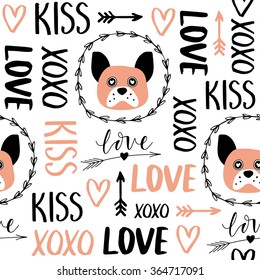 Valentines day seamless pattern with pug and hearts. Perfect for valentines day, gift box, letter, stickers, birthday, save the date invitation, design, diary, planner.