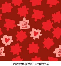 Valentines Day seamless pattern with puzzle and hearts. Perfect for wrapping paper, textile and scrapbooking. Editable vector illustration.