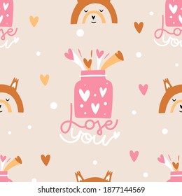 Valentine's Day seamless pattern with rainbow. Love day. Romantic design for wrapping paper, fabrics, covers and cards. Vector illustration.