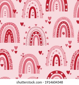 Valentine's day seamless pattern with rainbows and hearts on pink background. Can be used for nursery, textile, fabric, scrapbooking.