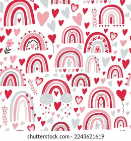 Valentine's day seamless pattern with rainbows and hearts on pink background. Can be used for nursery, textile, fabric, scrapbooking.