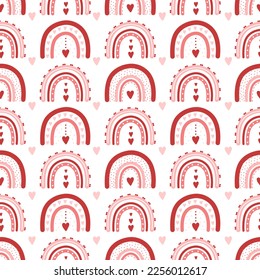 Valentines day seamless pattern with rainbows and hearts. Cute romantic background in boho style. Vector childish illustration for posters, textile, fabric, wrapping paper.