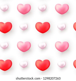 Valentines Day seamless pattern with realistic red and pink hearts isolated on white. Valentines Day background for festive decor, wrapping paper, print, textile, fabric, wallpaper.