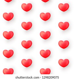 Valentines Day seamless pattern with realistic red hearts isolated on white. Valentines Day background for festive decor, wrapping paper, print, textile, fabric, wallpaper.