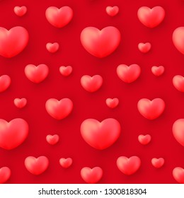 Valentines Day seamless pattern with realistic hearts on red background. Valentines Day background for festive decor, wrapping paper, print, textile, fabric, wallpaper.