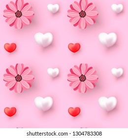 Valentines Day seamless pattern with realistic hearts and flowers on pink background. Valentines Day background for festive decor, wrapping paper, print, textile, fabric, wallpaper.