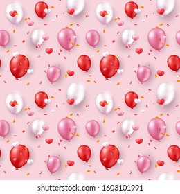 Valentines Day seamless pattern with realistic red and pink hearts and balloons. Valentines Day pink background for festive decor, wrapping paper, print, textile, fabric, wallpaper